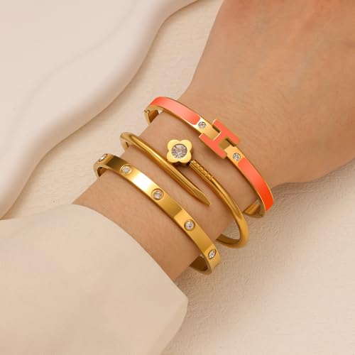 3Pcs Gold Bracelets for Women 14K Gold Plated Love/H/Nail Bangle Bracelet Dainty Non Tarnish Bracelet Jewelry Christmas Mothers Day Gifts for Women - color: 3Pcs Gold/Orange H bracelet