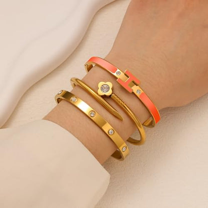 3Pcs Gold Bracelets for Women 14K Gold Plated Love/H/Nail Bangle Bracelet Dainty Non Tarnish Bracelet Jewelry Christmas Mothers Day Gifts for Women - color: 3Pcs Gold/Orange H bracelet