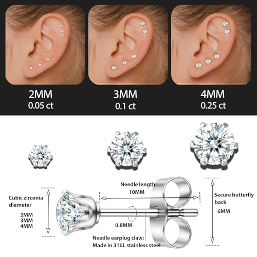 10 Pairs Small Stud Earrings for Women – Hypoallergenic Stainless Steel Tiny Earrings for Sensitive Ears, Cubic Zirconia Simulated Diamond Stud Earrings - style: 2mm-10 pairs-silver