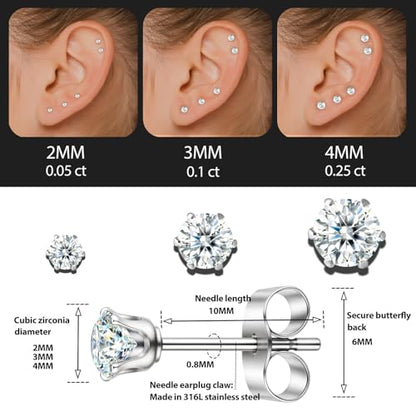 10 Pairs Small Stud Earrings for Women – Hypoallergenic Stainless Steel Tiny Earrings for Sensitive Ears, Cubic Zirconia Simulated Diamond Stud Earrings - style: 2mm-10 pairs-silver