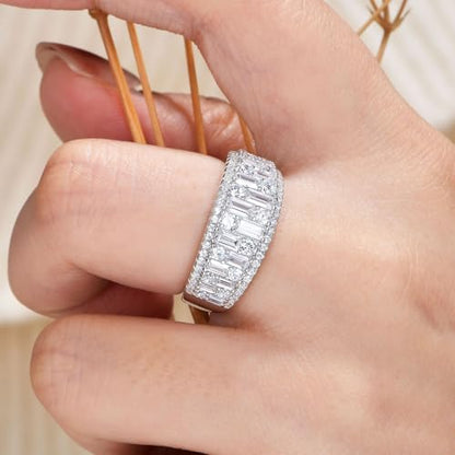 Wuziwen Wide Wedding Bands for Women Round and Baguette Eternity Ring | Premium 5A Cubic Zirconia Emerald Cut Vintage Wide Half Eternity Rings for Her Stackable Bridal Engagement Anniversary Bands