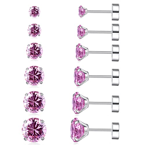 6 Pairs Surgical Steel Flat Back Earrings | CZ Stud Set | Hypoallergenic 316L Surgical Steel • Flat Back Threaded Studs for Cartilage, Helix & Lobe • 6 Mixed Sizes (3-8mm) - color: Flatback-Pink