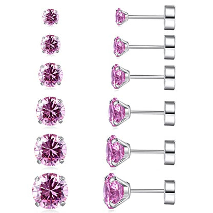 6 Pairs Surgical Steel Flat Back Earrings | CZ Stud Set | Hypoallergenic 316L Surgical Steel • Flat Back Threaded Studs for Cartilage, Helix & Lobe • 6 Mixed Sizes (3-8mm) - color: Flatback-Pink