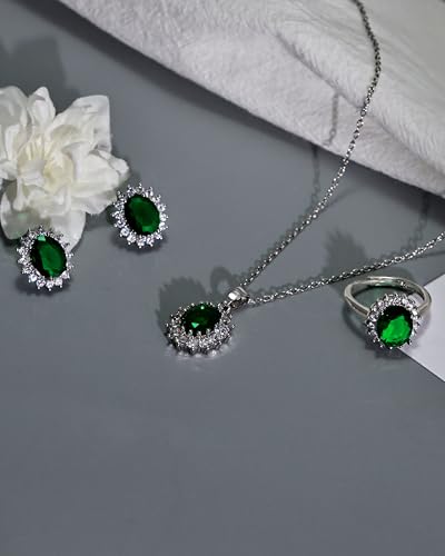 Silver Emerald Jewelry Set Green Cubic Zirconia May Birthstone Stud Earrings Necklace and Open Ring Set for Women Trendy