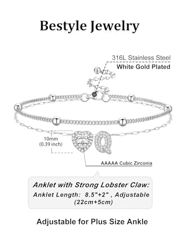 Bestyle Initial Anklet Bracelets for Women Waterproof Non Tarnish 14K Gold/White Gold Plated CZ Anklets for Women Dainty Layered Letter Heart Ankle Bracelets Adjustable Foot Chain Anklet - color: Q