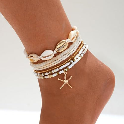 Qceasiy Shell Ankle Bracelets for Women, Boho Beaded Beach Anklet Set | Seashell, Heart, Starfish and Conch Styles, Gold-Tone, Stretch or Adjustable Fit, Layered Beach Vacation Jewelry Gifts - color: White 1
