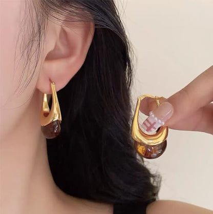 Vintage Amber Resin Hoop Earrings for Women Statement Chunky U-Shaped Brown Thick Dangle Huggie Stainless Steel Retro Trendy Earring Fashion Jewelry Gift for Her