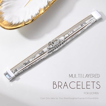 Bracelets for Women, Gifts for Mom Her Christmas Gift 2026 Leather Bracelets for Women Birthday Gift for Daughter Inspirational Wrap Bracelet Sister Friend Teen Girl Gift Layered Stocking Stuffers Jewelry - style: Snakeskin White