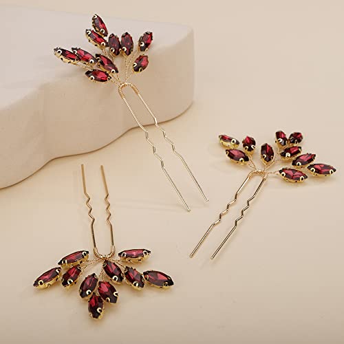 Teyglen 3pcs Bridal Crystal Hair Pins Rhinestones Hair Pieces Simple Crystal Wedding Hair Accessories Handmade Hair Pins for Women Bride Girls (Wine red) - color: Wine red