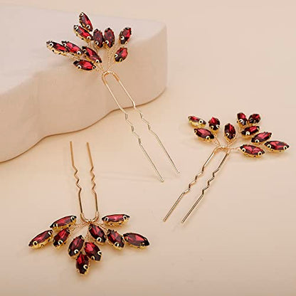 Teyglen 3pcs Bridal Crystal Hair Pins Rhinestones Hair Pieces Simple Crystal Wedding Hair Accessories Handmade Hair Pins for Women Bride Girls (Wine red) - color: Wine red