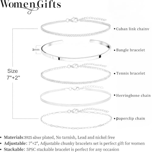 Dainty Gold Bracelet for Women Trendy Non Tarnish, Thin Bracelets Stackable Set with Bangle Cuff, Box, Herringbone, Paperclip, Figaro, Sparkling Link Chains Waterproof, Simple Jewelry Gifts for Women - color: Silver-tennis/cuban/bangle/paperclip/snake
