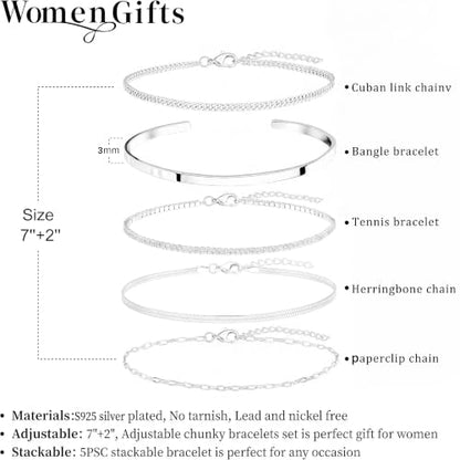 Dainty Gold Bracelet for Women Trendy Non Tarnish, Thin Bracelets Stackable Set with Bangle Cuff, Box, Herringbone, Paperclip, Figaro, Sparkling Link Chains Waterproof, Simple Jewelry Gifts for Women - color: Silver-tennis/cuban/bangle/paperclip/snake
