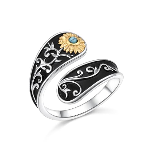 FLYOW Sterling Silver Sunflower Spoon Ring Victorian Style Boho Antique Flower Adjustable Open Ring Retro Statement Cubic Zirconial/Turquoise/Oxidized Thumb Rings for Women Birthday Christmas Jewelry - style: Turquoise-7