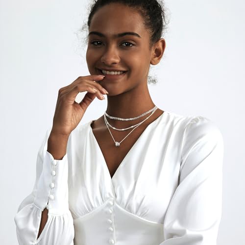 Airmb Gold Layered Necklaces for Women 14k Gold Plated Dainty Stackable Choker Necklaces for Women Trendy Layering Chain Cute Pendant Necklace Set Gold Jewelry for Women - color: 3PS-Two Rondelle-Silver