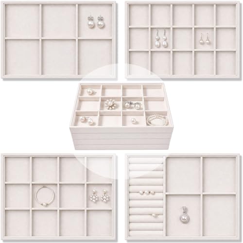 Unittype Set of 4 Stackable Jewelry Organizer Tray for Drawer Inserts Velvet Necklace Earring Bracelet Ring Holder Jewelry Display Storage Box for Bangle Stud Necklace Ring(Mixed Styles,Beige) - color: Beige, style: Mixed Styles