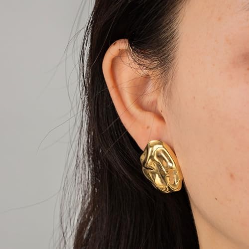 REELMAR Chunky Geometric Clip On Earrings for Women Trendy Gold-Plated Thick Hammered Rectangle Dupes Earrings Minimalist Statement Earrings No Piercing Clips - color: Irregular-Gold