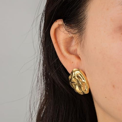 REELMAR Chunky Geometric Clip On Earrings for Women Trendy Gold-Plated Thick Hammered Rectangle Dupes Earrings Minimalist Statement Earrings No Piercing Clips - color: Irregular-Silver