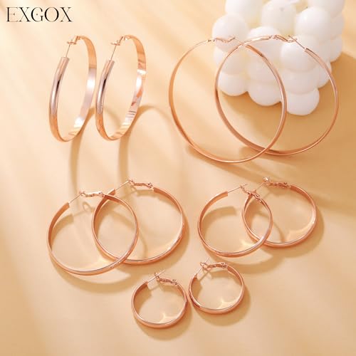 EXGOX 5mm Wide Gold Hoop Earrings for Women,Sterling Silver Hoop Earrings Large Silver Hoop Earrings Hypoallergenic Lightweight 14K Real Gold Plated Big Hoop Earrings for Women 30/40/50/60/70mm - color: Rose color 60MM