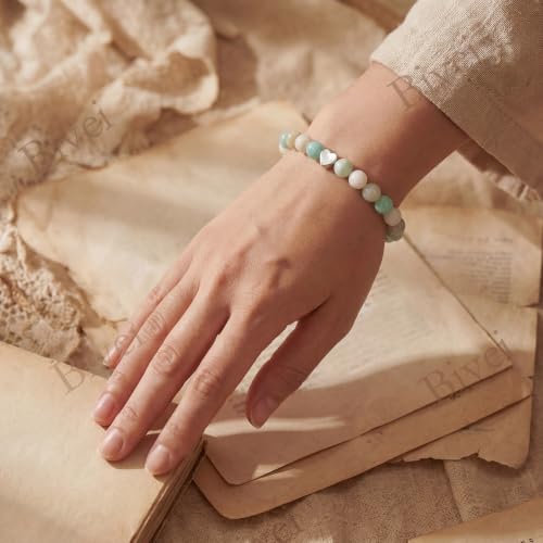 Bivei Crystal Stretch 6mm Bracelets for Women | Handmade Natural Stone Beaded Stretch Bracelet, Stainless Steel Heart Bead, Tranquility Yoga Gift Jewelry for Women - color: Amazonite - Abundance