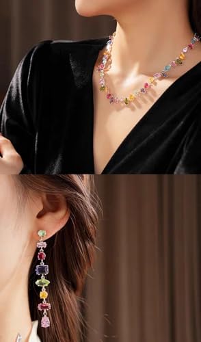 Silver Plated Rainbow Crystal Necklace, Sparkly Cubic Zirconia Rhinestone Multicolor Chain Choker Bracelet Earring Jewelry Set - style: Necklace+Earrings