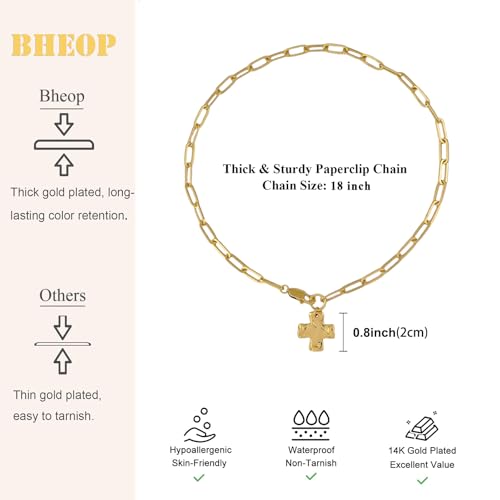 Bheop Chunky Cross Necklace for Women, 14K Gold Silver Statement Necklace | Sturdy Paperclip Chain, Hammered Pendant, Vintage Charm, Trendy Costume Jewelry, Faith Christian Religious Gift, Non Tarnish - style: GD-Cross Necklace(0.8 inch Pendant)