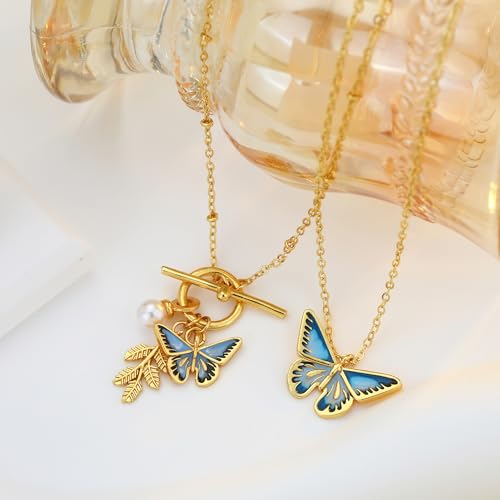 Gold Compass Charm Necklace for Women, Trendy Simple Dainty Inspirational Compass Butterfly Bow Knot Red Christmas Mug Sun Friendship Necklaces Graduation Gifts - style: Blue Butterfly