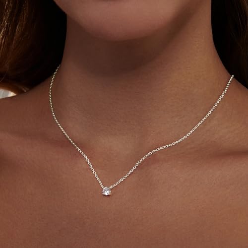 Zeffy Diamond Necklaces for Women, Dainty Gold Necklace 18k Gold Plated Layered Necklaces Simple Gold CZ Diamond Pendant Necklaces for Women Trendy Jewelry Gifts for Girls - color: Silver CZ Necklace