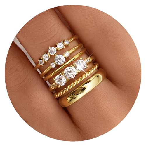 Besteel Gold Rings for Women - Non Tarnish 14K Gold Plated Stackable Rings, Dainty Cubic Zirconia Thin Thumb Ring Set, Trendy Statement Promise Wedding Bands Engagement Ring for Women Size 6-10