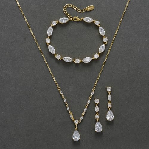 SWEETV Bridal Wedding Jewelry Set for Brides,Teardrop Bridesmaids Jewelry Set - color: S01 Gold