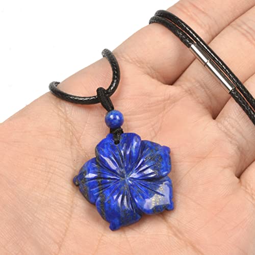 Justinstones Hand Carved Healing Crystals Gemstone Hawaii Flower Pendant Hand Weaving Wax Rope Necklace 22 inch - color: Lapis
