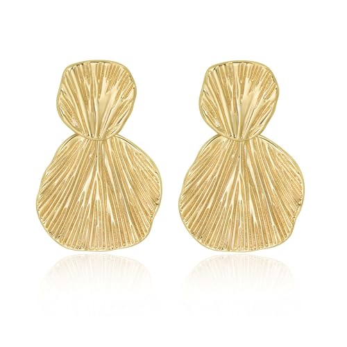 Large Geometric Drop Dangle Earrings for Women Pearl Teardrop Disc Rectangle Oval Fishtail Shell Shaped Textured Dangle Studs Earrings for Women - color: Gold-Shell B