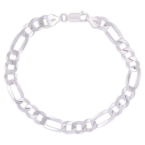 14K Gold or Rhodium Plated Silver Figaro Diamond Cut Pave Chain For Men | 1mm-13mm Thick | Solid 925 Figaro Italian Necklaces For Men - style: 7.50MM- White
