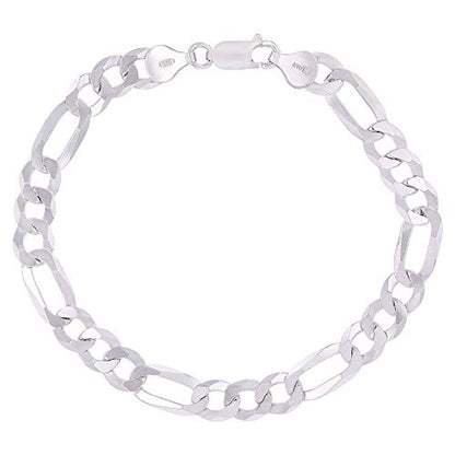 14K Gold or Rhodium Plated Silver Figaro Diamond Cut Pave Chain For Men | 1mm-13mm Thick | Solid 925 Figaro Italian Necklaces For Men - style: 7.50MM- White