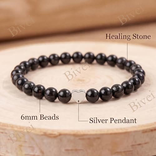 Bivei Crystal Stretch 6mm Bracelets for Women | Handmade Natural Stone Beaded Stretch Bracelet, Stainless Steel Heart Bead, Tranquility Yoga Gift Jewelry for Women - color: Black Tourmaline - Protective