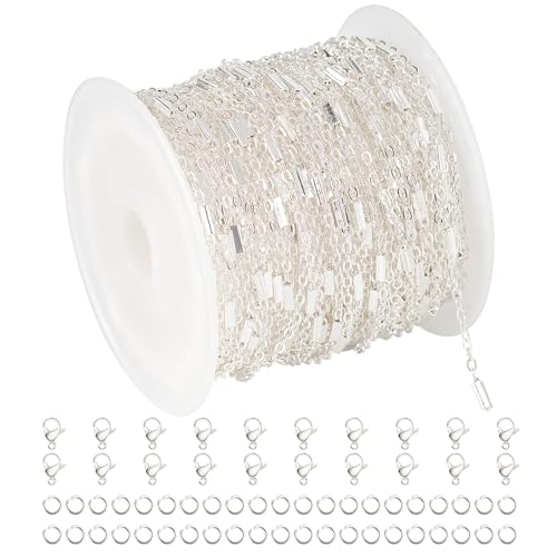 UMAOKANG 32.8 Feet Silver Necklace Chains Bulk for Jewelry Making Silver Plated Brass Tube Bar Link Chain Roll with Jump Rings and Lobster Clasps - color: Silver Tube Bar