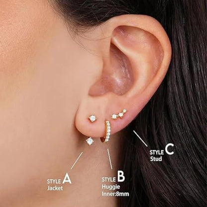 BG&WLing 3 Pairs Earring Set with Huggie Hoops Jacket Crawler Stud | Hypoallergenic, Cubic Zirconia, Huggie Hoops, Ear Climber Design, Earrings Jacket, Multi-Pierce Stack, Women's Jewelry - color: Gold