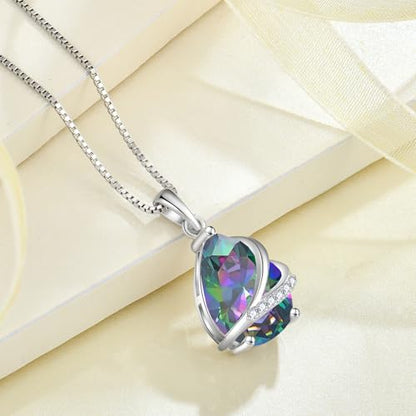 Birthstone Pendant Necklace 925 Sterling Silver Teardrop Jewelry for Women - color: Multi Iridescent