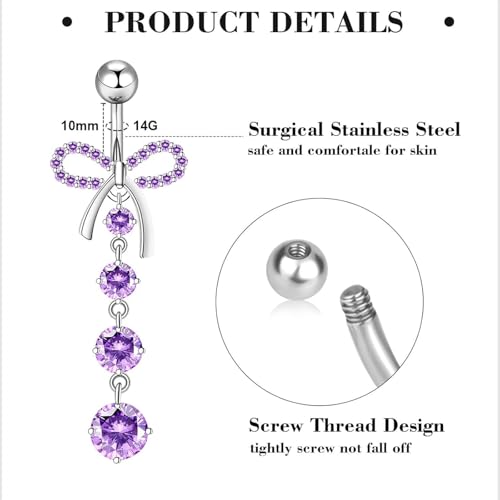 Suotarn 14G Belly Button ring Dangle Belly Rings Surgical Stainless Steel Cute Bow Butterfly Heart Flower Dangling Belly Button Piercing Jewelry For Women Silver Dainty Dangly Navel Ring - color: purple