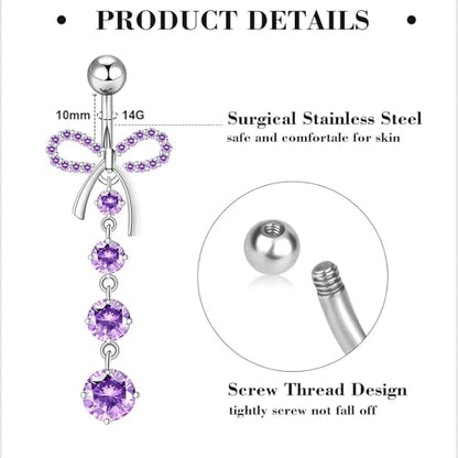 Suotarn 14G Belly Button ring Dangle Belly Rings Surgical Stainless Steel Cute Bow Butterfly Heart Flower Dangling Belly Button Piercing Jewelry For Women Silver Dainty Dangly Navel Ring - color: purple
