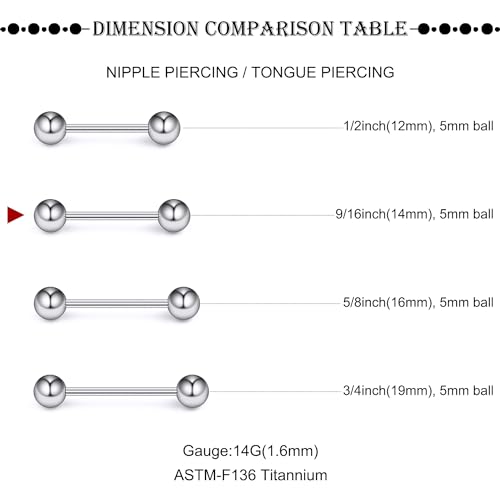 16G-2G ASTM F136 Titanium Internally Threaded Nipple Tongue Rings Piercing Jewelry Straight Industrial Earring Barbell G23 Titanium Nipple Tongue Bars Piercing Jewelry for Women Men 12MM-40MM - style: 14G, 14mm Length, 5mm Ball