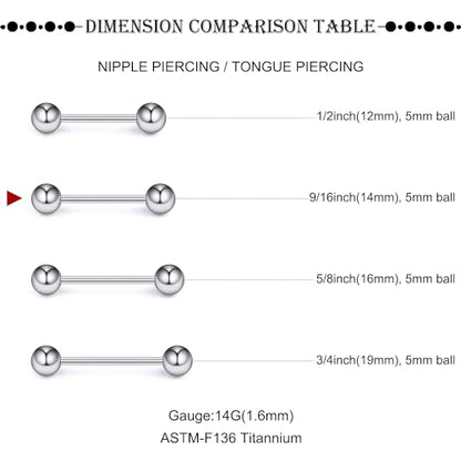 16G-2G ASTM F136 Titanium Internally Threaded Nipple Tongue Rings Piercing Jewelry Straight Industrial Earring Barbell G23 Titanium Nipple Tongue Bars Piercing Jewelry for Women Men 12MM-40MM - style: 14G, 14mm Length, 5mm Ball