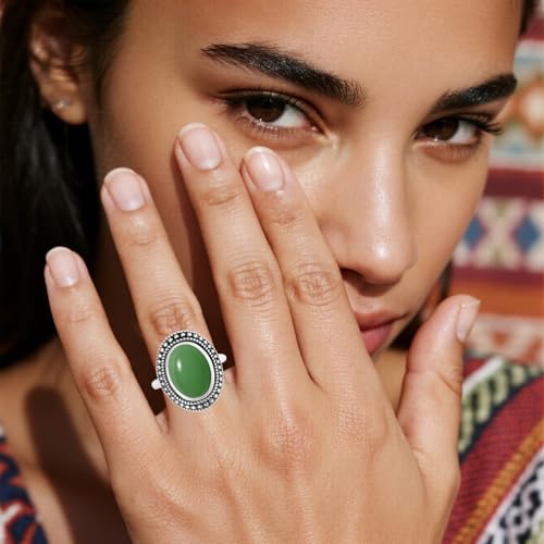 Retro Sterling Silver Stone Ring,Antique Natural Real Oval Crystal Quartz Gemstone Boho Bohemian Ring Jewelry for Women - color: A21_Dongling Jade