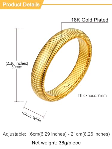 U7 Stretch Bracelets for Women Stainless Steel 18K Gold Plated Bangle Bracelets,Non Tarnish Link Bracelets,10mm,16mm,20mm - color: 01.Gold-16mm