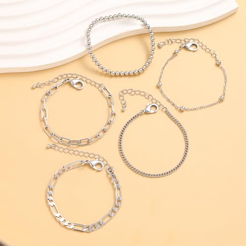 Wgoud Waterproof Gold Bracelets for Women Trendy, Dainty 14K Real Gold Plated Fashion Stackable Bracelet Sets for Women Thin Cuban Link Paperclip Chain Bracelets Layered Gold Jewelry Sets Gifts for Womens - color: 5Pcs Silver Bracelet