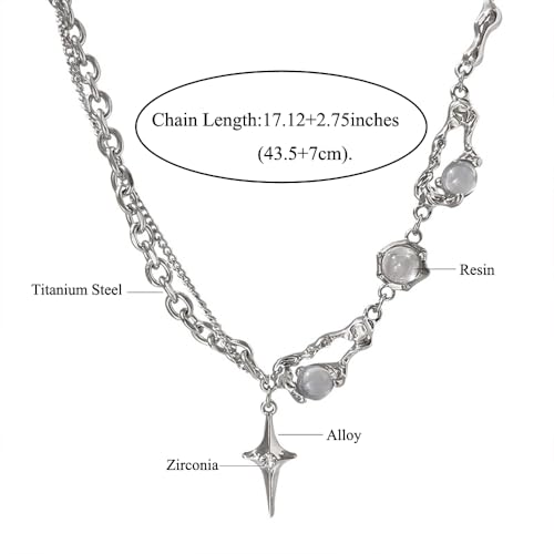 Gothic Cross Star Necklace For Men Women Silver Stainless Steel Cuban Link Paperclip Figaro Bead Chain Punk Kpop Y2k Goth Irregular Layered Cross Pendant Necklace Non Tarnish Jewelry Gift - color: Silver M