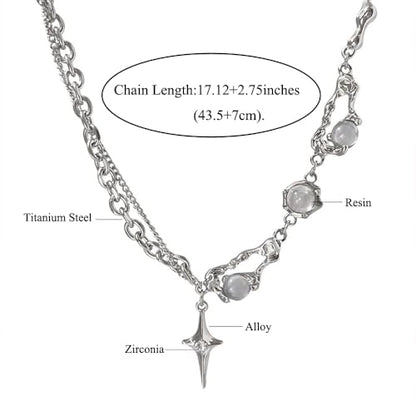 Gothic Cross Star Necklace For Men Women Silver Stainless Steel Cuban Link Paperclip Figaro Bead Chain Punk Kpop Y2k Goth Irregular Layered Cross Pendant Necklace Non Tarnish Jewelry Gift - color: Silver M