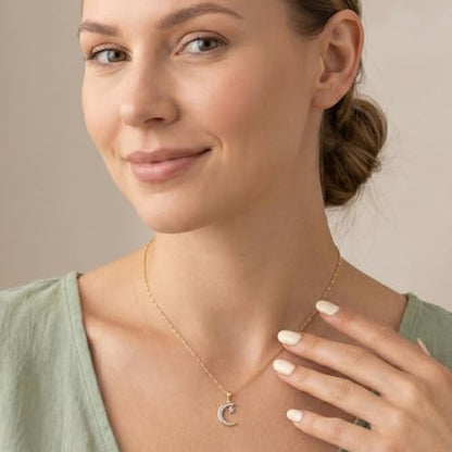 Jewelili 10K Yellow Gold Moon & Star Diamond Pendant Necklace for Women, 1/10 CTTW Natural White Round Diamonds, 18" Gold-Filled Rope Chain, Gift Box Included