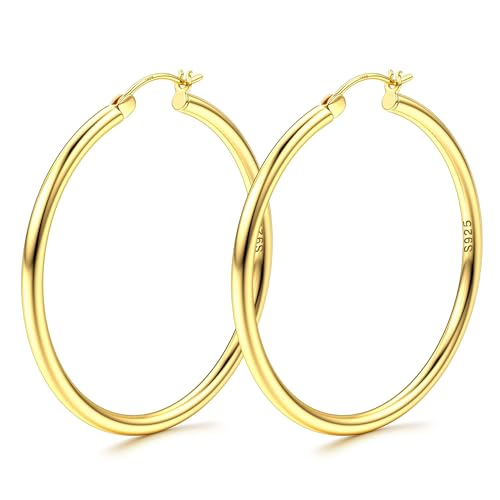 MILACOLATO S925 Sterling Silver Post Hoop Earrings 14K Gold Plated Hoops 3mm Chunky Large Big Hoop Earrings Hypoallergenic Lightweight Earrings for Women 15/20/30/40/50/60/70mm - style: gold-40mm(1.57inch)