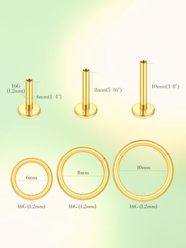 Oveta 16G 18G Flat Back Studs Earrings for Tragus Cartilage Piercing Jewelry, Surgical Steel Nose Rings Hoops 6/8/10mm, Silver/Gold - color: Gold, size: 16g*6/8/10mm bar