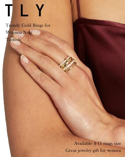Gold Silver Stackable Rings for Women Mixed Metal Interlocked Ring Stack | Multi Ring set non tarnish 14K Gold Plated Cubic Zirconia Fashion trendy Two Tone Connected Bands Statement rings Size 4-11 - color: 01- Two tone 4 rings